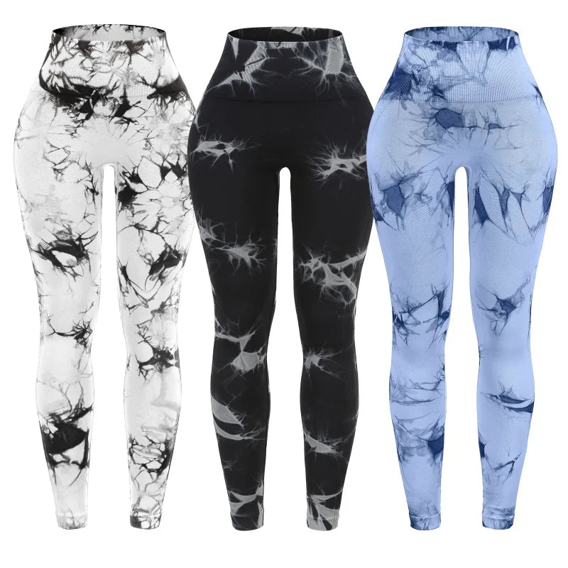 3 Piece Workout Leggings Sets for Women High Waisted Tie Dye Gym Scrunch Butt Lifting Seamless Yoga Leggings Athletic Pants
