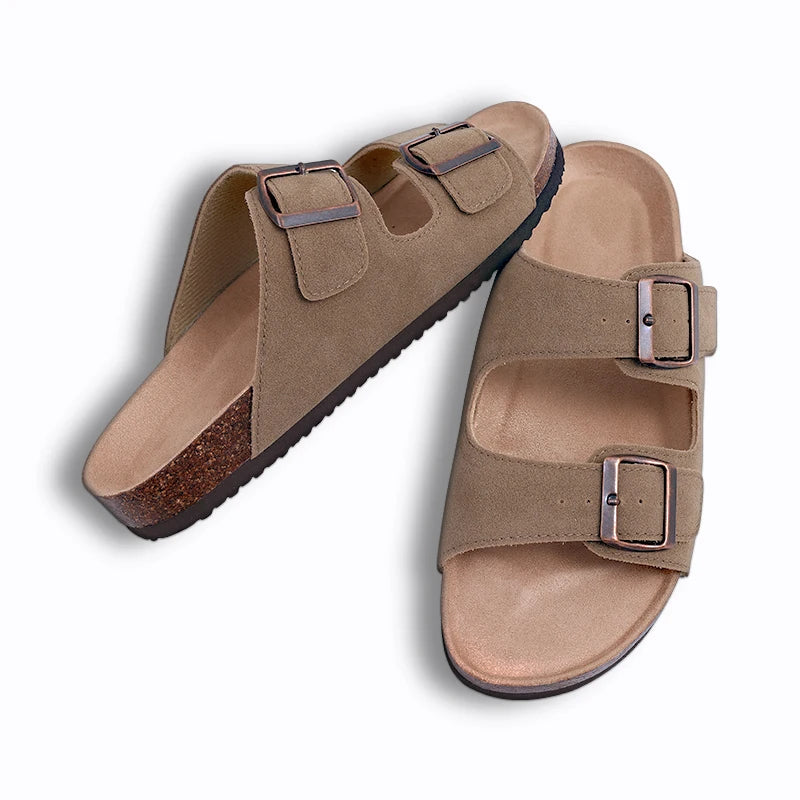 Fashion Women's Suede Mules Slippers Men Clogs Cork Insole Sandals With Arch Support Outdoor Beach Slides Home Shoes