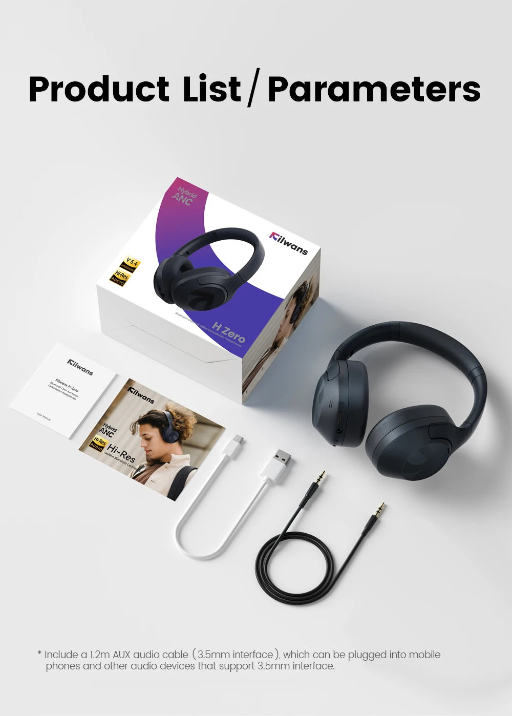 Filwans H Zero pro -50dB ANC Headphones Hi-Res AUDIO Wireless Bluetooth 5.4 5 Microphone Headset 3.5mm PC Gaming Gamer Earphones