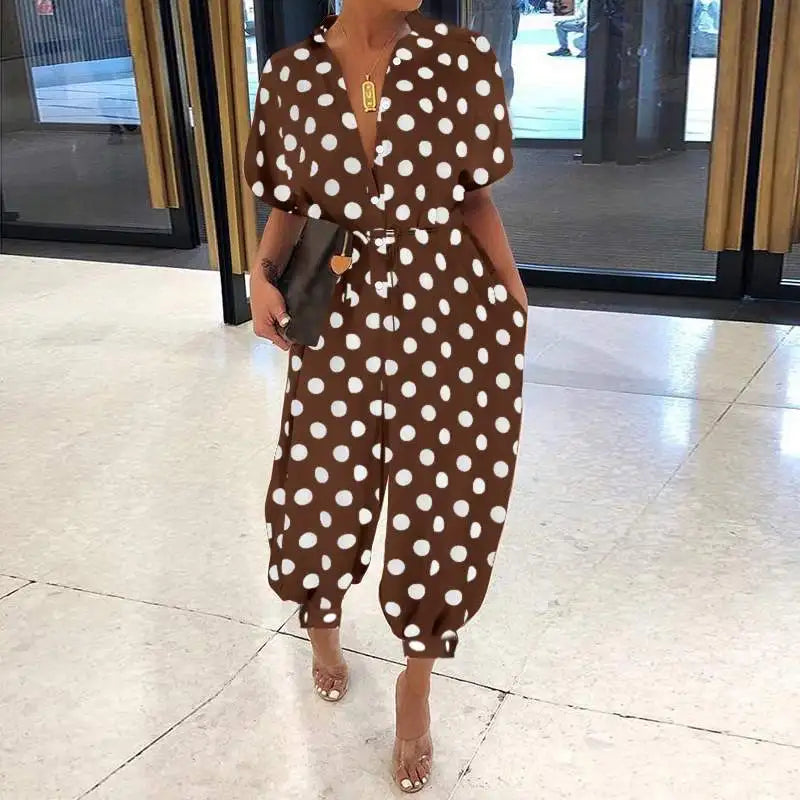 2025 Summer New Dot Leopard Print Jumpsuit Women Short Sleeve Leace-up Pocket Casual Jumpsuits Fashion Vintage Ladies Bodysuits