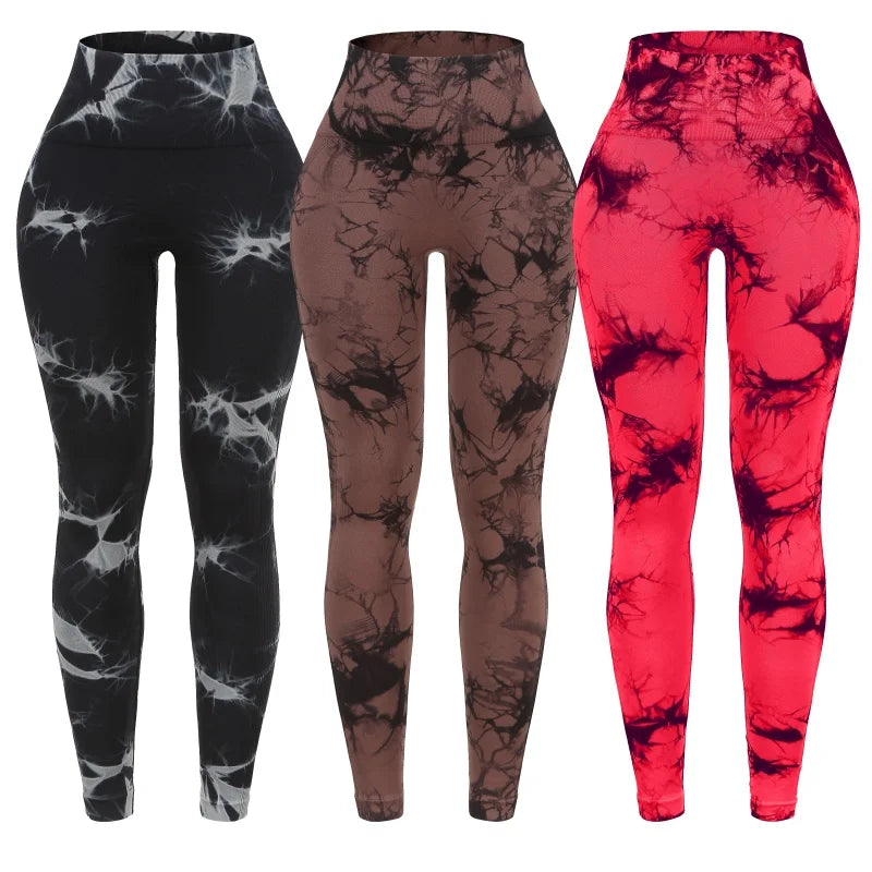 3 Piece Workout Leggings Sets for Women High Waisted Tie Dye Gym Scrunch Butt Lifting Seamless Yoga Leggings Athletic Pants