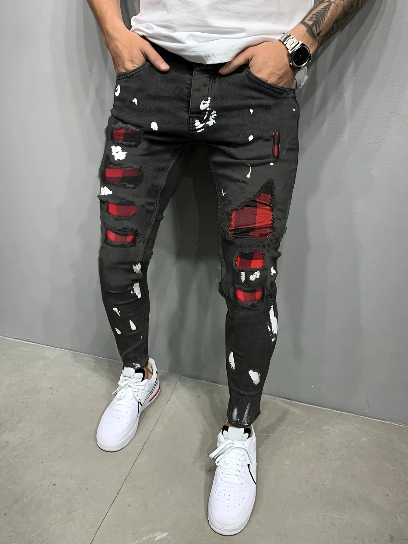 Men's casual street style straight leg pants, slightly stretchy blended cotton jeans, splashed plaid ripped jeans