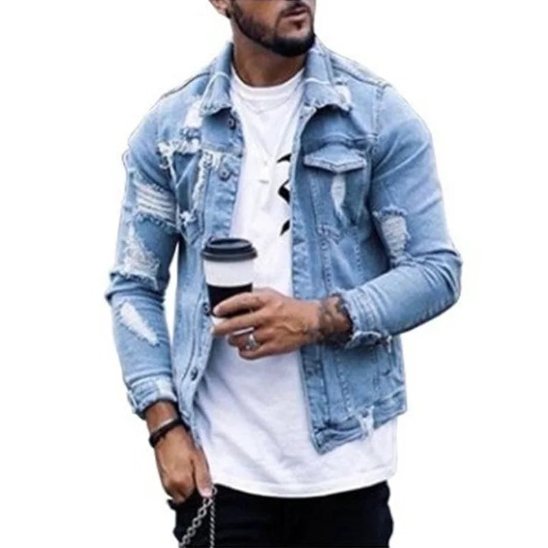 Fashion Men Jackets Spring Autumn New Lapel Men's Denim Jacket Holes Irregular Washing Jacket Men Long Sleeve Cardigan Tops
