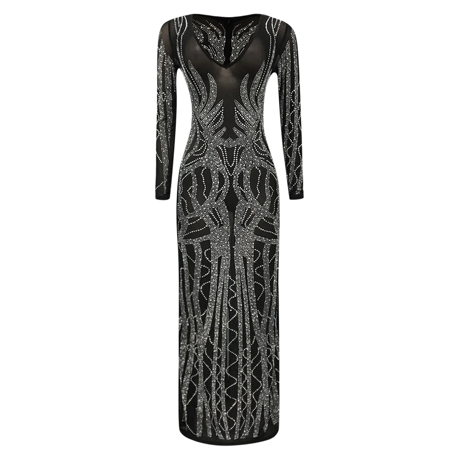 Beach Maxi Dress Slit Long High Women'S Rhinestone Mesh Neck V Sexy Sheer Dress Party Dress Sleeve Womens Coral Dress Casual