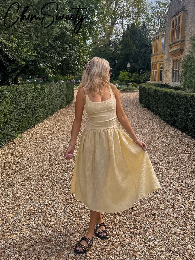 Elegant Pleated Long Dress Women Slim Square Neck Backless Sleeveless Female Sling Dresses 2025 Summer Lady Solid A-line Robe