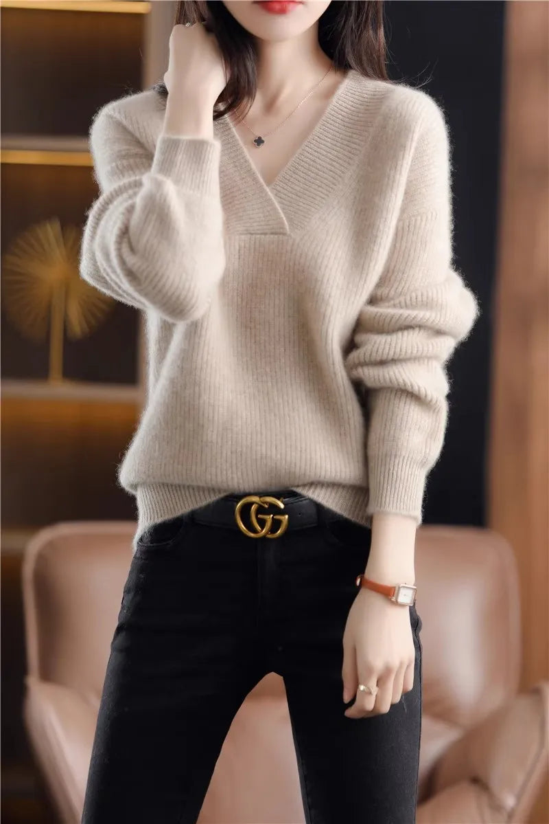 V-neck Basis Pullover Women's Solid Loose Knit Sweater Autumn Winter Jumpers Knitwear Soft Warm Chic Femme Sweater Casual Tops
