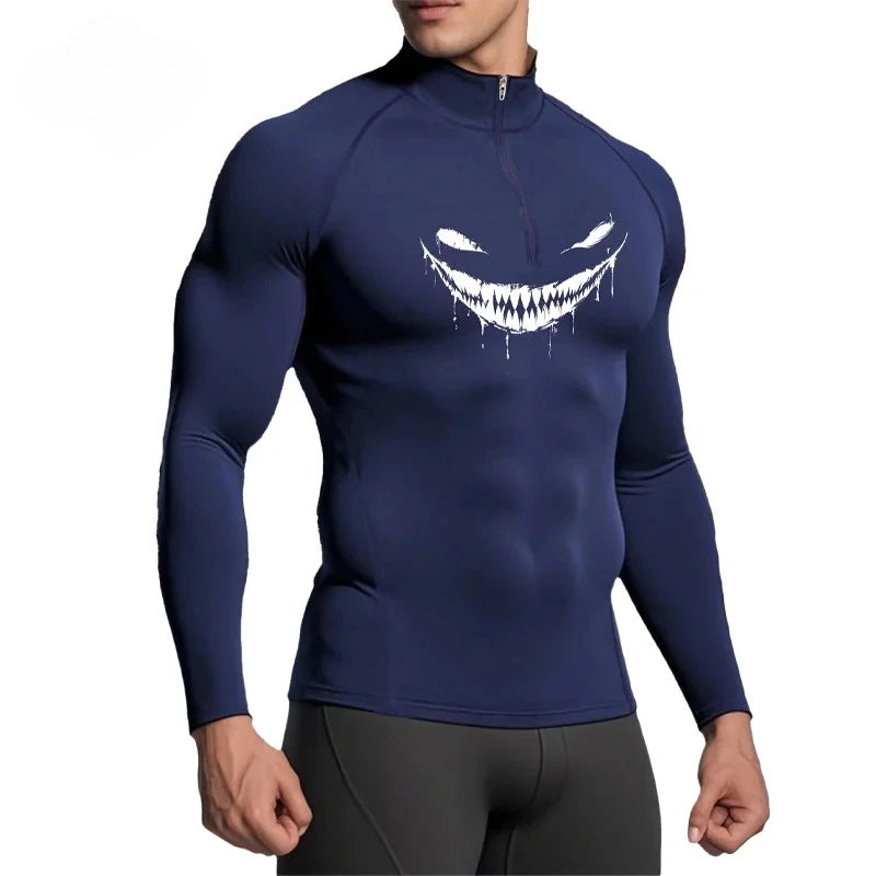 2025 New Men Sportswear Fitness Top Devil Printed Quick-drying Breathable Slim Long-sleeved T-shirt Running Training Gym Clothes
