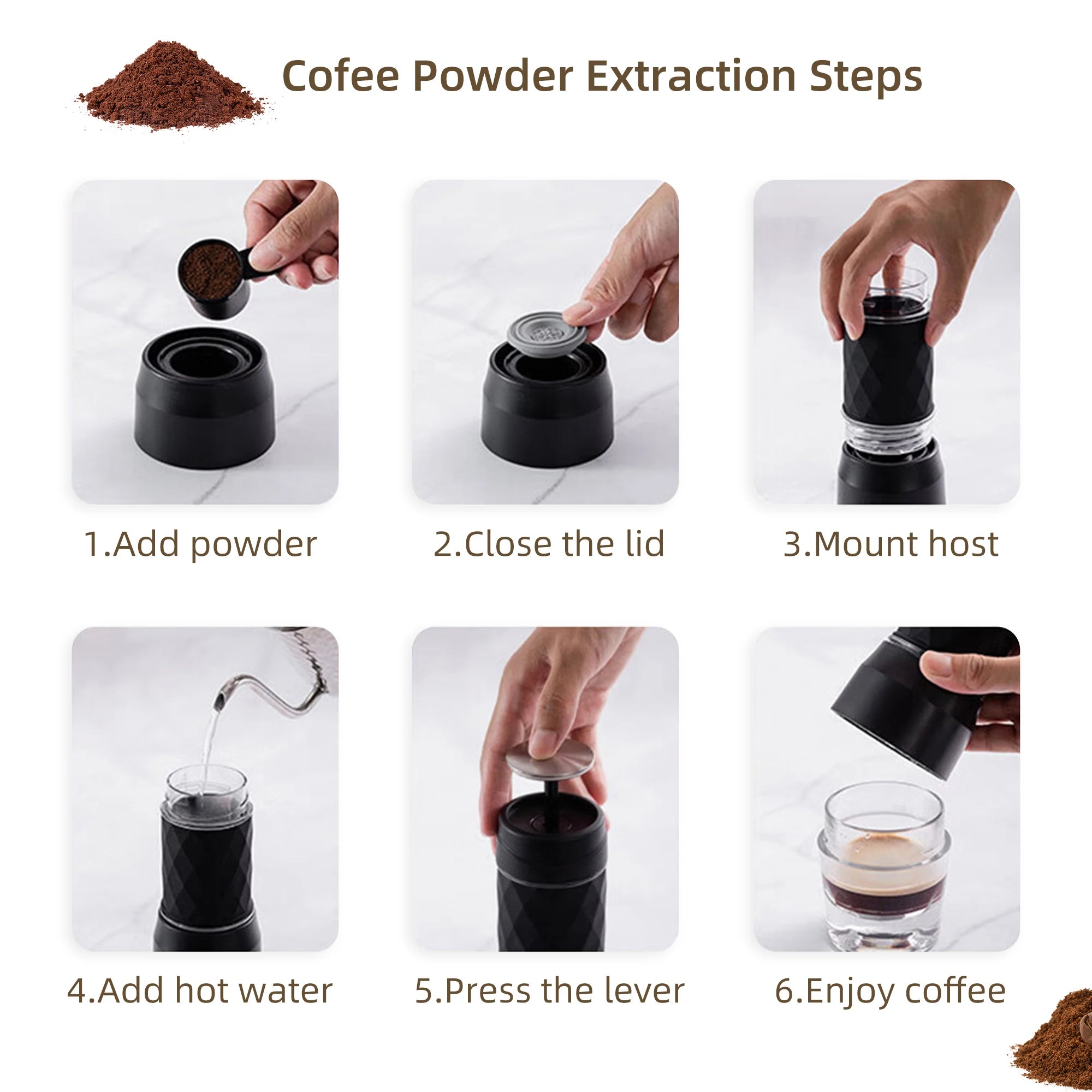 BioloMix Portable Coffee Maker Espresso Machine Hand Press Capsule Ground Coffee Brewer Portable for Travel and Picnic