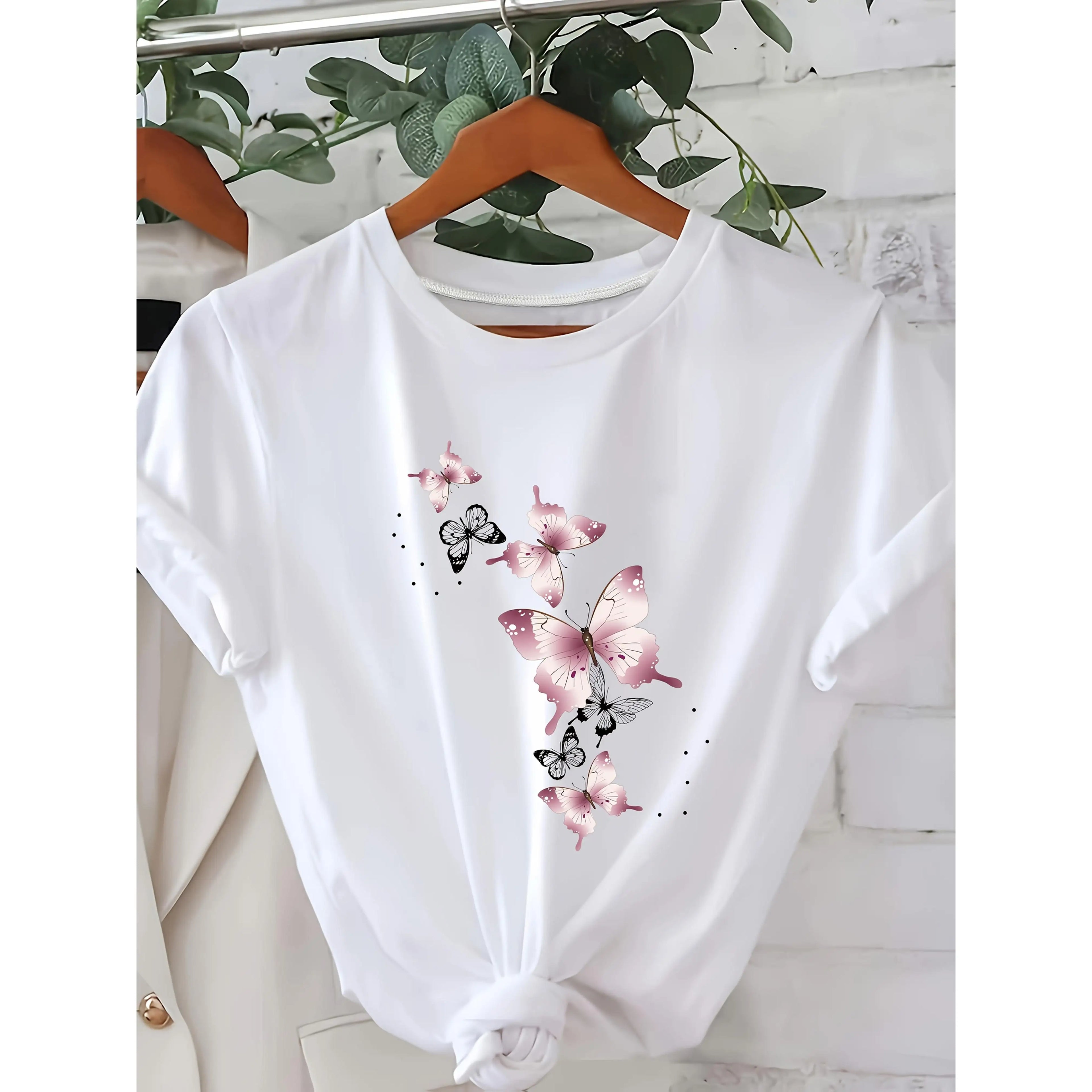 Butterfly Print Round Neck Short Sleeve T-Shirt