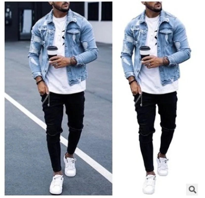 Fashion Men Jackets Spring Autumn New Lapel Men's Denim Jacket Holes Irregular Washing Jacket Men Long Sleeve Cardigan Tops