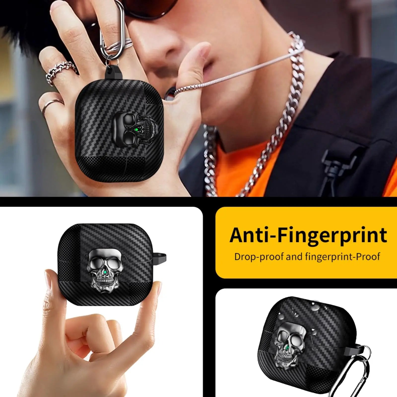 New For Samsung Galaxy Buds 3 Pro with Keychain & Cleaner Kit Funny Skull Carbon Fiber Protective Case For Samsung Galaxy Buds 3
