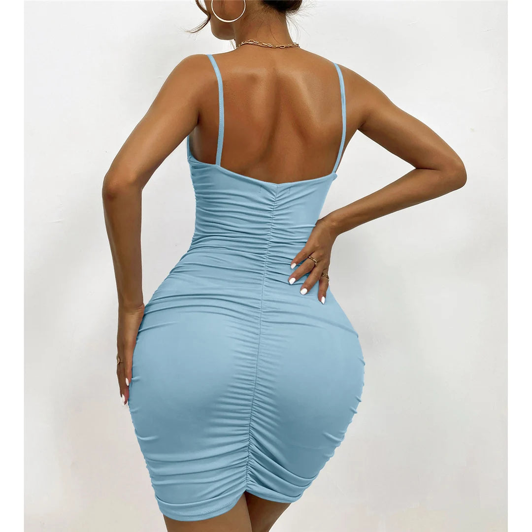 XS - L Sexy Ruched Pleated V Neck Sling Dress Short Club Lady Elegant Summer Bodycon Dress Evening Party Tight Mini Dress VD007