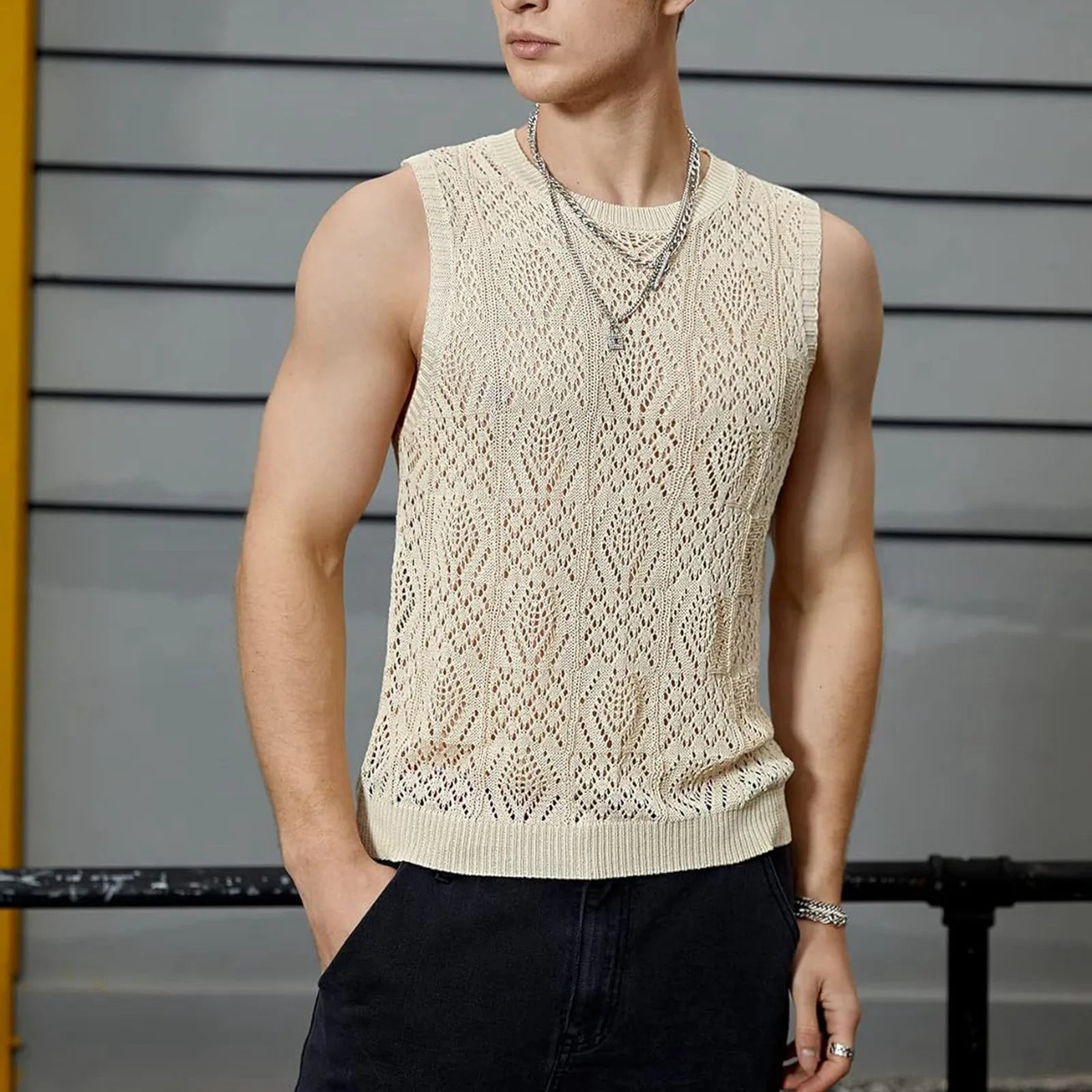 Beach Tops For Men Men'S Knitted Hollowed Out Vest Crew Neck Sleeveless Male Clothes With Designs Camiseta Sin Mangas Hombre