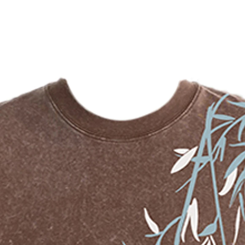 Bamboo Leaf Pattern Short Sleeve Heavy Fabric Acid Washed Men's T-shirt Men Woman Streetwear Oversized Loose Tops Summer Tees