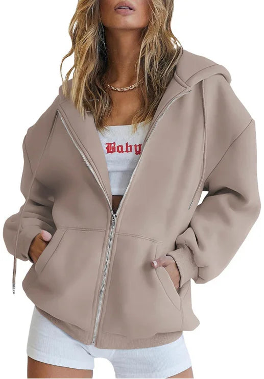 Fashion Gray Zip Up Sweatshirt Women Autumn Winter Jacket Clothes Hoodies Daily Pockets Long Sleeve Solid Versatile Lady Hoodies