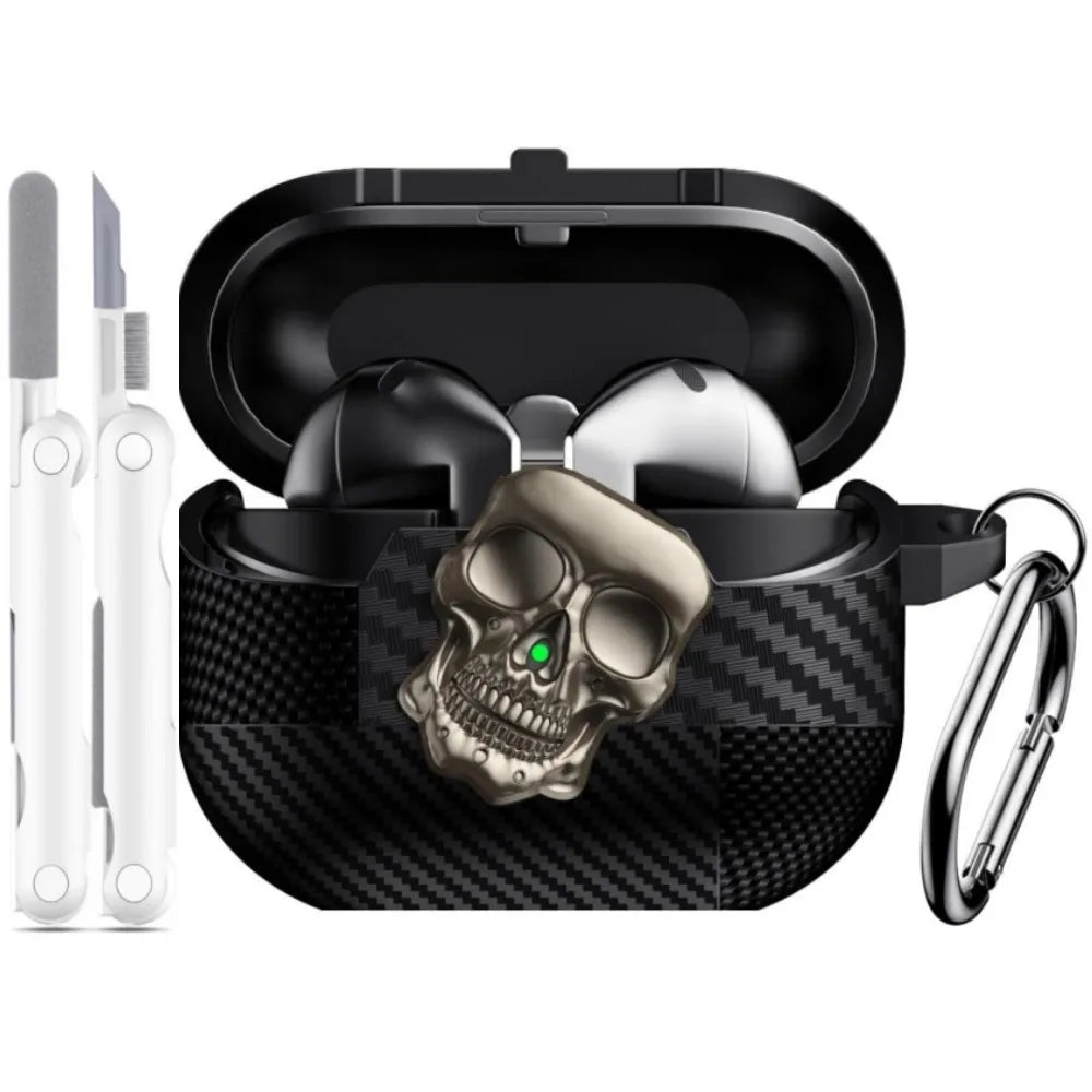 New For Samsung Galaxy Buds 3 Pro with Keychain & Cleaner Kit Funny Skull Carbon Fiber Protective Case For Samsung Galaxy Buds 3