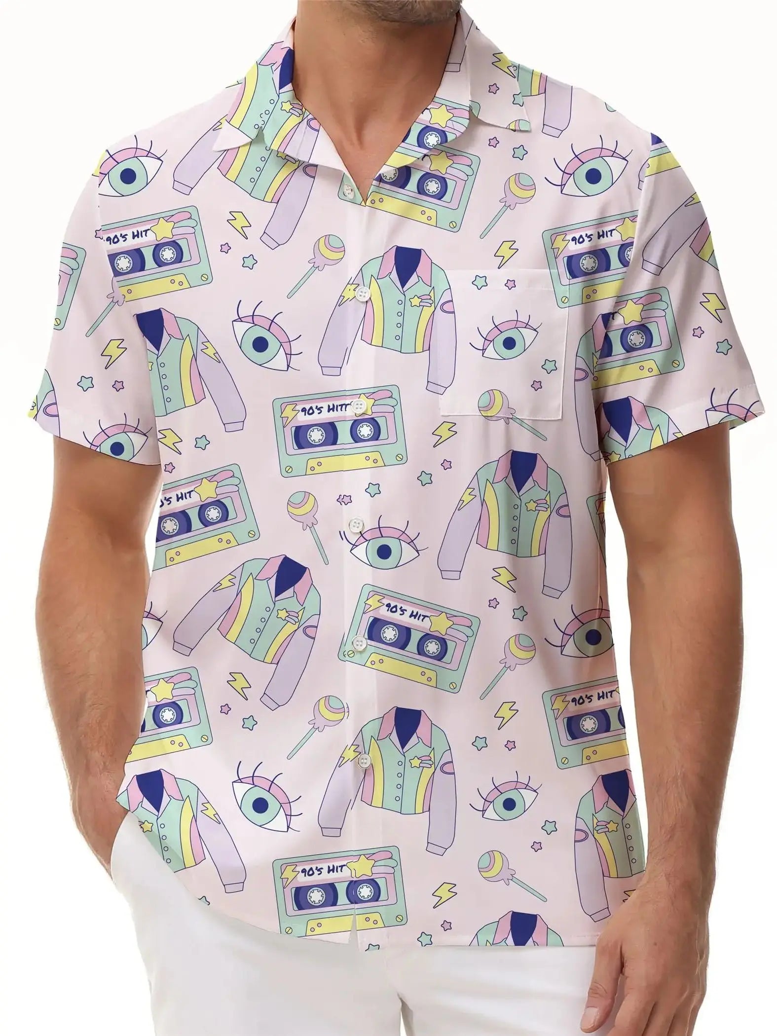 KYKU 80s Costume 90s Clothes Hawaiian Shirt for Men Button Down Shirts Short Sleeve Retro Disco Outfits