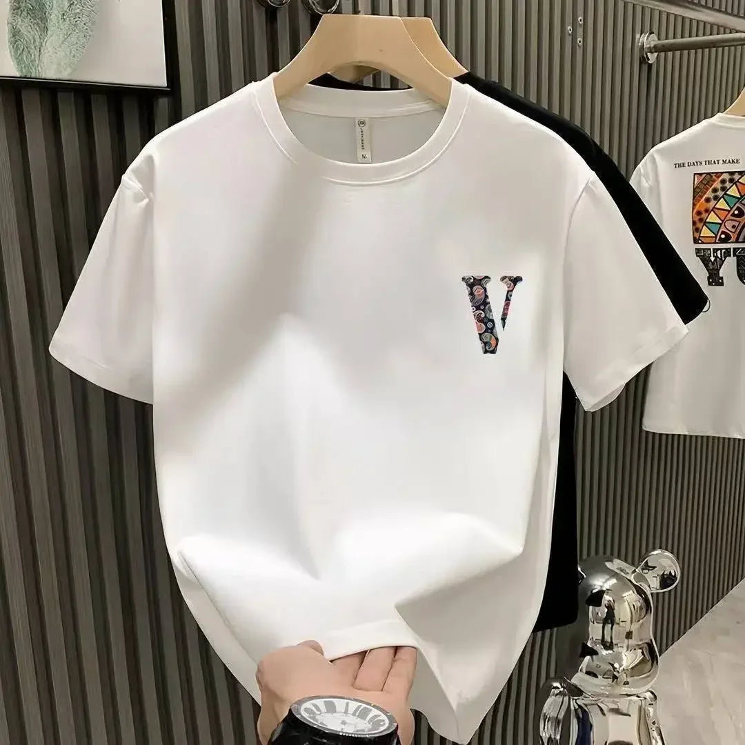 2025 New High Quality Heavyweight Cotton Short Sleeve T-Shirt Unisex Loose Breathable Summer Fashion Brand  Crew Neck Strip