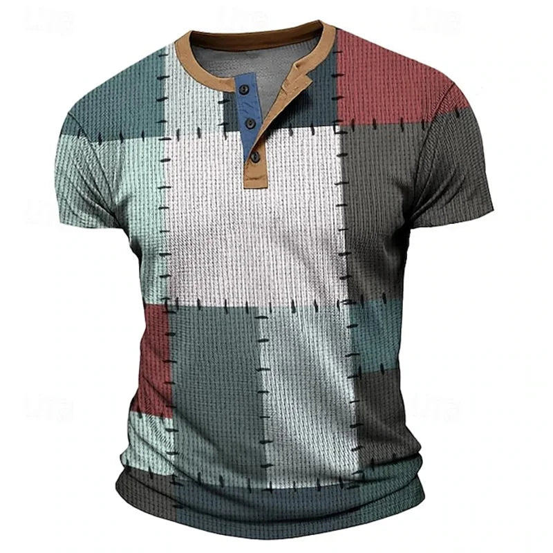 3D Color Splicing Print Men's Henry Shirt Summer Casual Breathable Short Sleeve Tops Fashion Street Loose Clothing Men T-Shirts