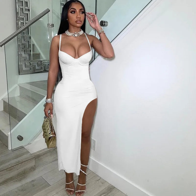 FAGADOER Sexy High Slit Bodycon Long Dress Women Solid Color Spaghetti Strap Backless Dresses Female Streetwear Vestidos 2025