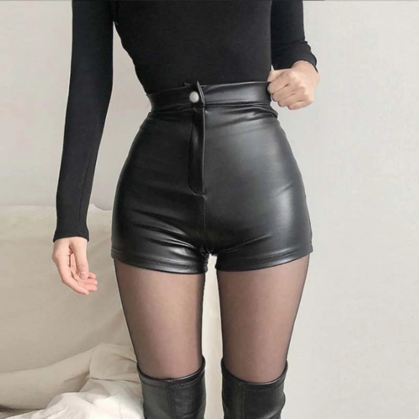 Black Pu Leather Shorts High Waist Sexy Legging Pants Female Casual Faux Leather Sexy Temperament Slim Fit Look Thin Bottoms