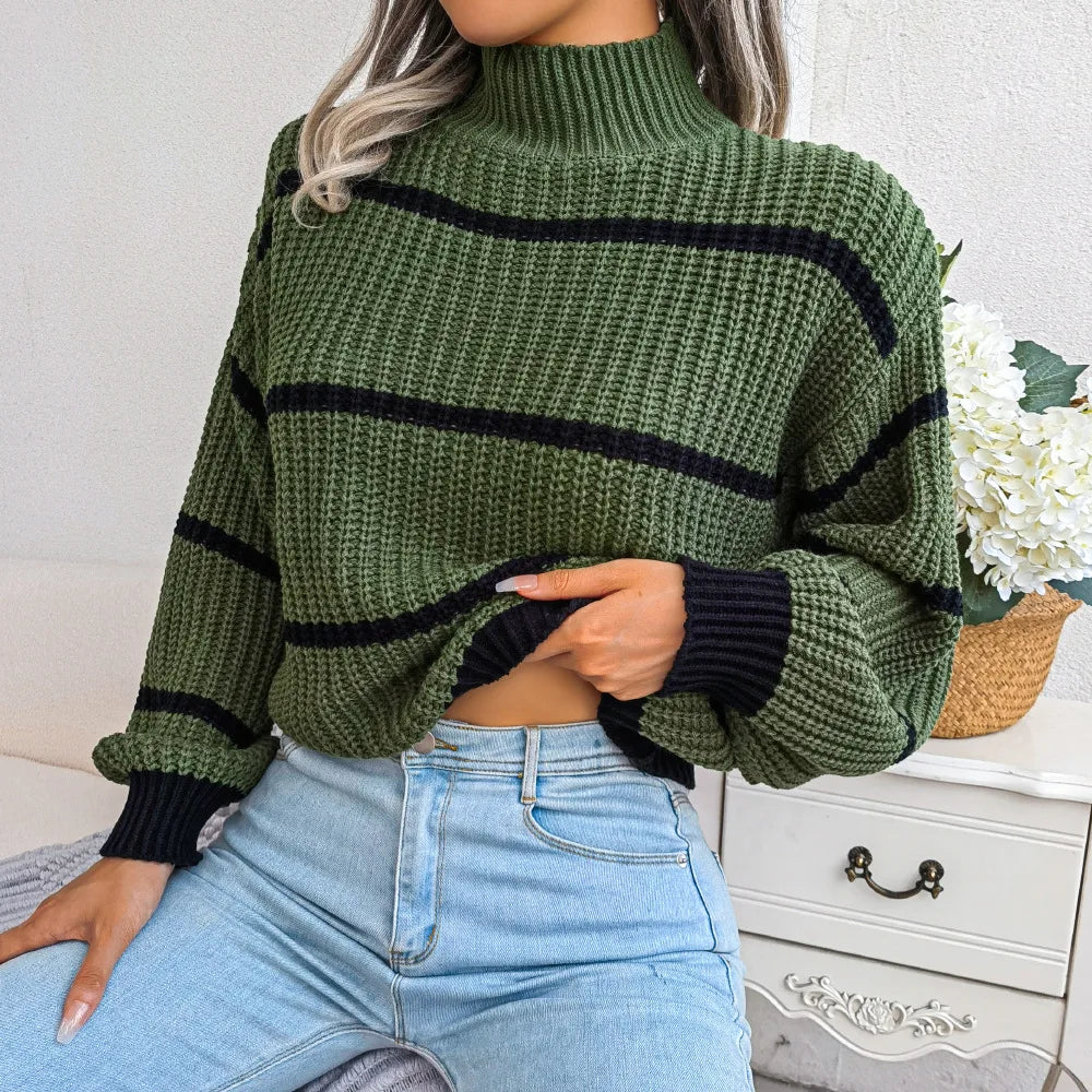 Autumn Winter Stripe Sweaters Pullovers Women New Solid Color Long Sleeved Jumpers Fashion High Neck Warm Pullover Knitwears Top