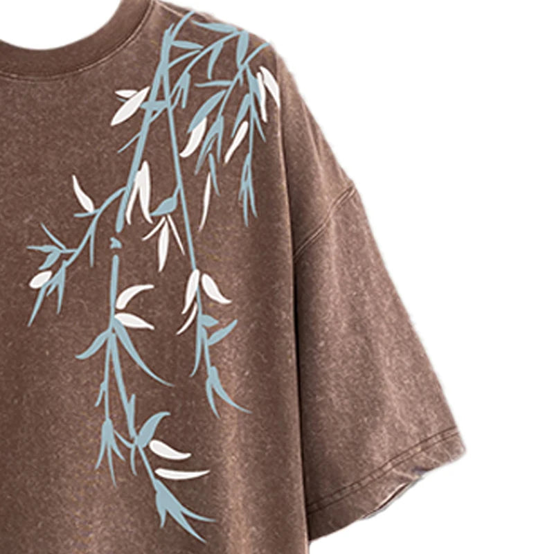 Bamboo Leaf Pattern Short Sleeve Heavy Fabric Acid Washed Men's T-shirt Men Woman Streetwear Oversized Loose Tops Summer Tees