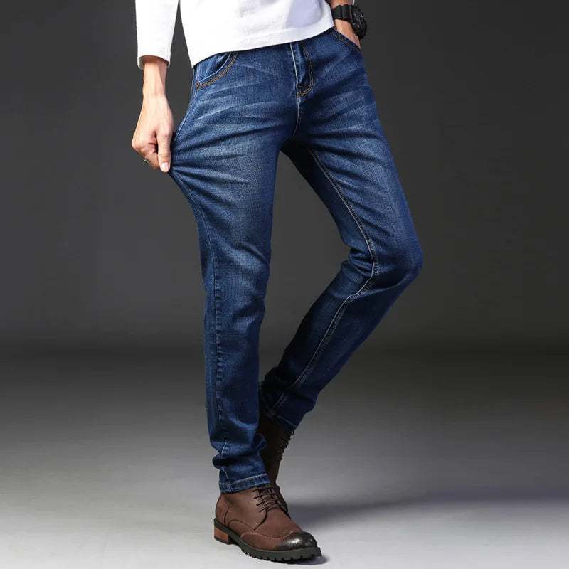 Autumn Classic Men's Fitted Stretch Jeans Business Casual Cotton Denim Straight Leg Pants Male Black Blue Trousers