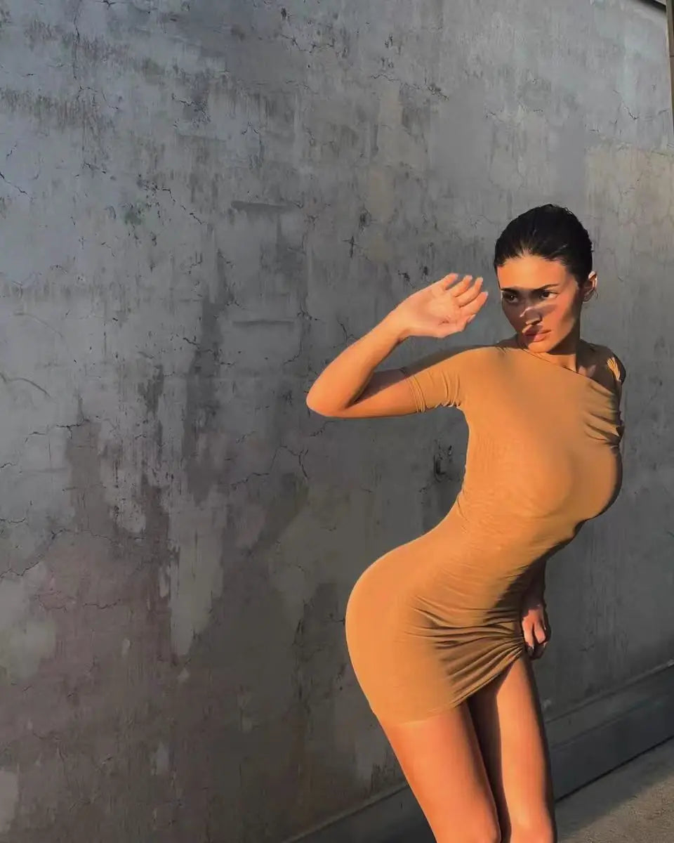 Kylie style~KHY asymmetrical off shoulder twisted strap dress sexy elastic slim fit hip hugging short skirt