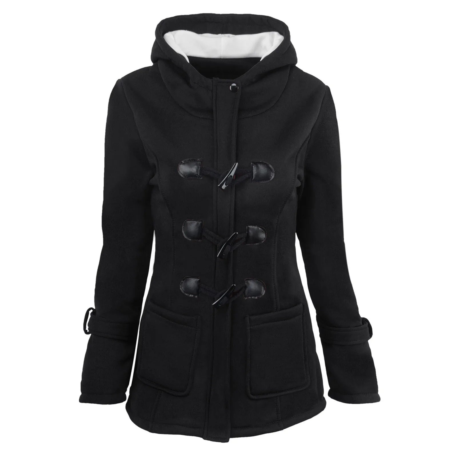 Women Trench With Hooded Horn Button Thicken Jackets Winter Fleece Lined Warm Long Sleeve Slim Windbreaker Outerwear Coats 6XL