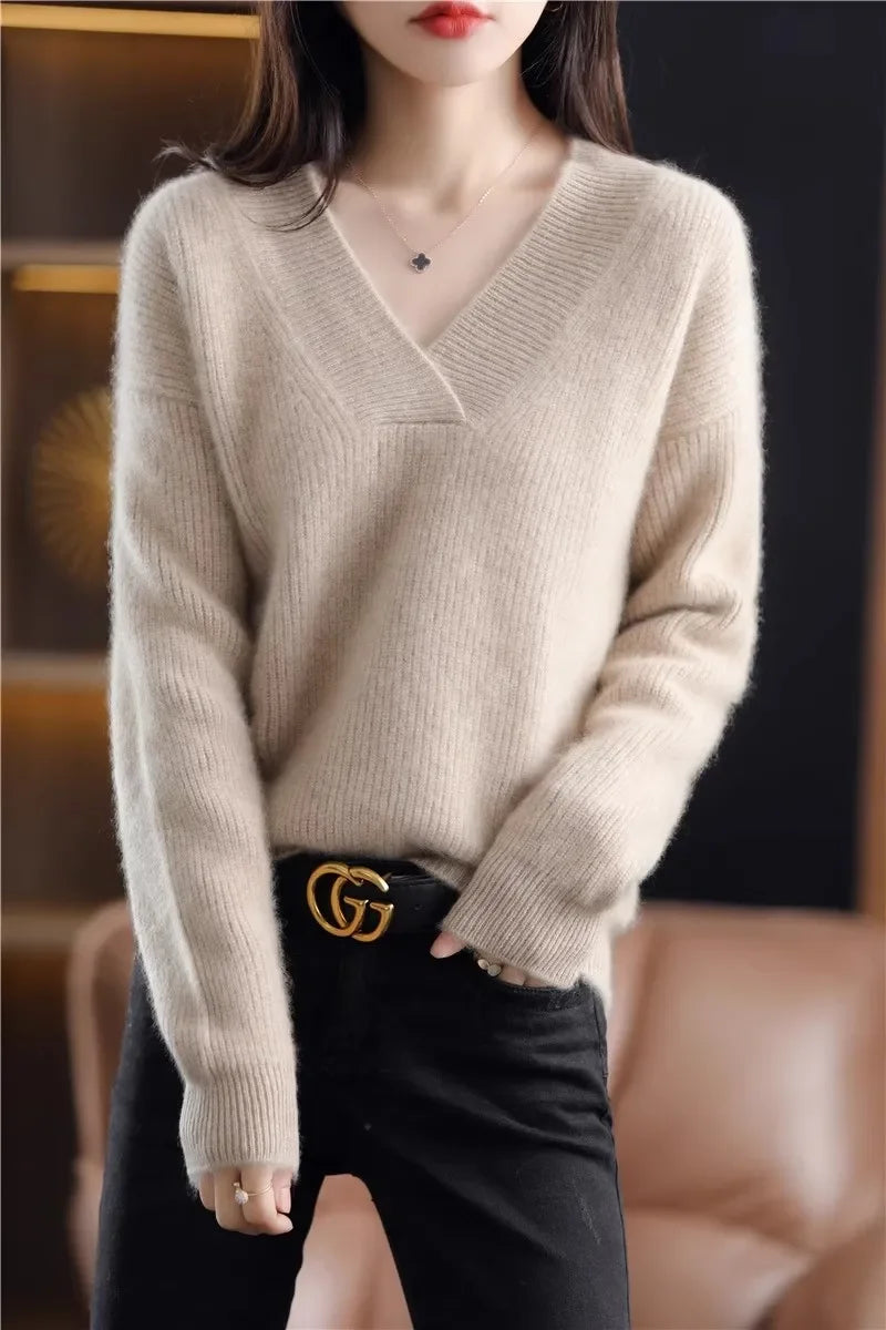 V-neck Basis Pullover Women's Solid Loose Knit Sweater Autumn Winter Jumpers Knitwear Soft Warm Chic Femme Sweater Casual Tops
