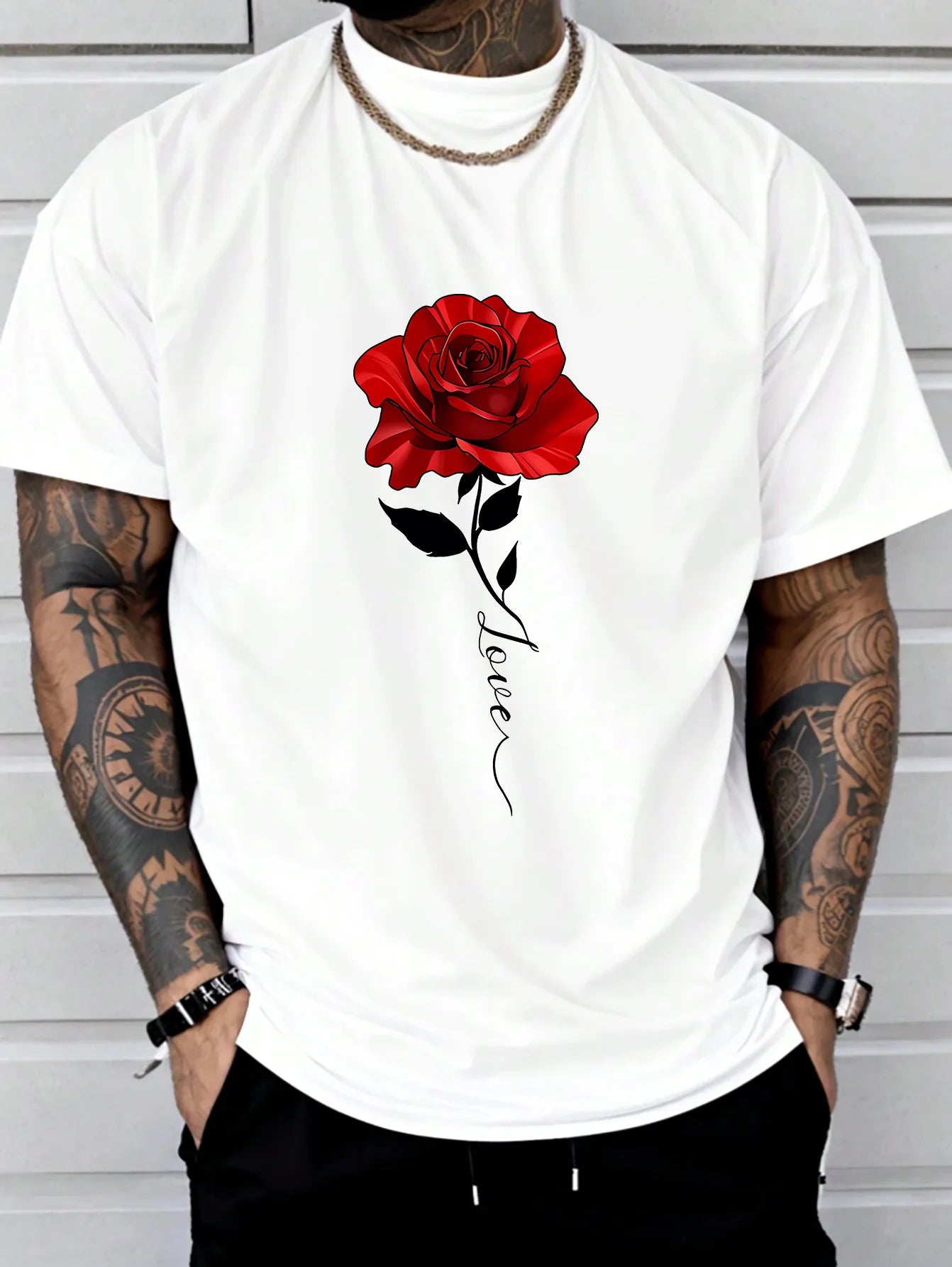 Front Rose Print Round Neck Short Sleeved T shirt Top Comfortable and Breathable Fabric Casual Sports Style Men's 100% Cotton