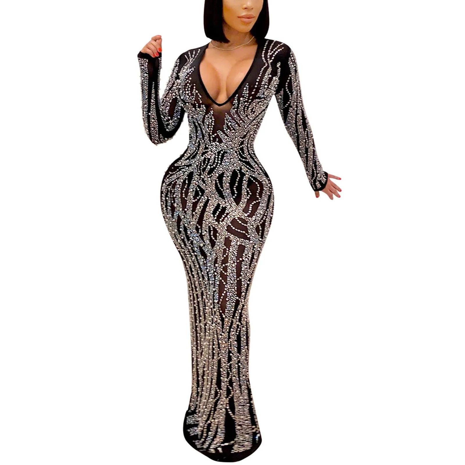 Beach Maxi Dress Slit Long High Women'S Rhinestone Mesh Neck V Sexy Sheer Dress Party Dress Sleeve Womens Coral Dress Casual