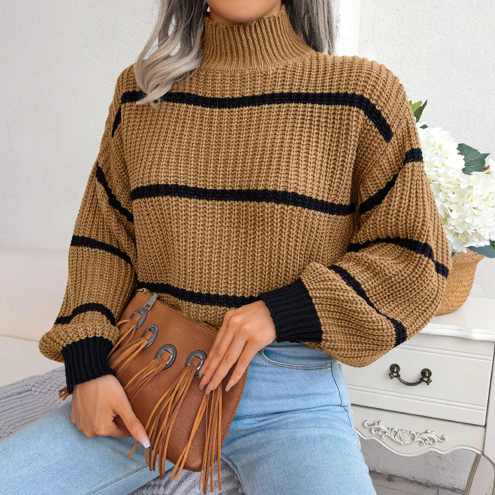 Autumn Winter Stripe Sweaters Pullovers Women New Solid Color Long Sleeved Jumpers Fashion High Neck Warm Pullover Knitwears Top