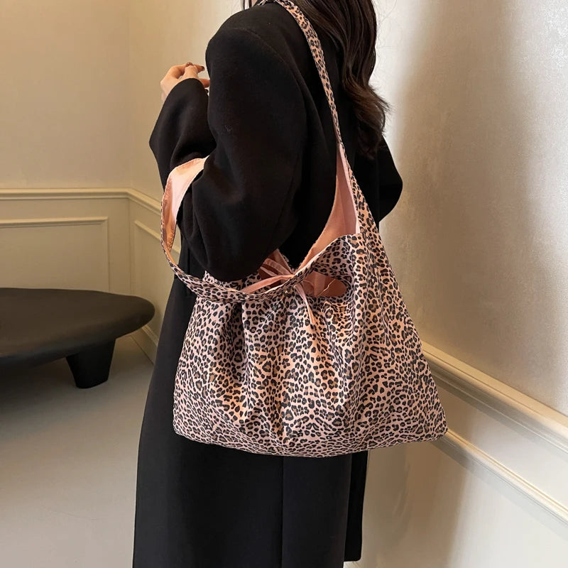 Shoulder Bag for Women Leopard Print Purse and Handbag Nylon with Interior Pocket Large Slouchy Hobo Bag Work Travel Bag