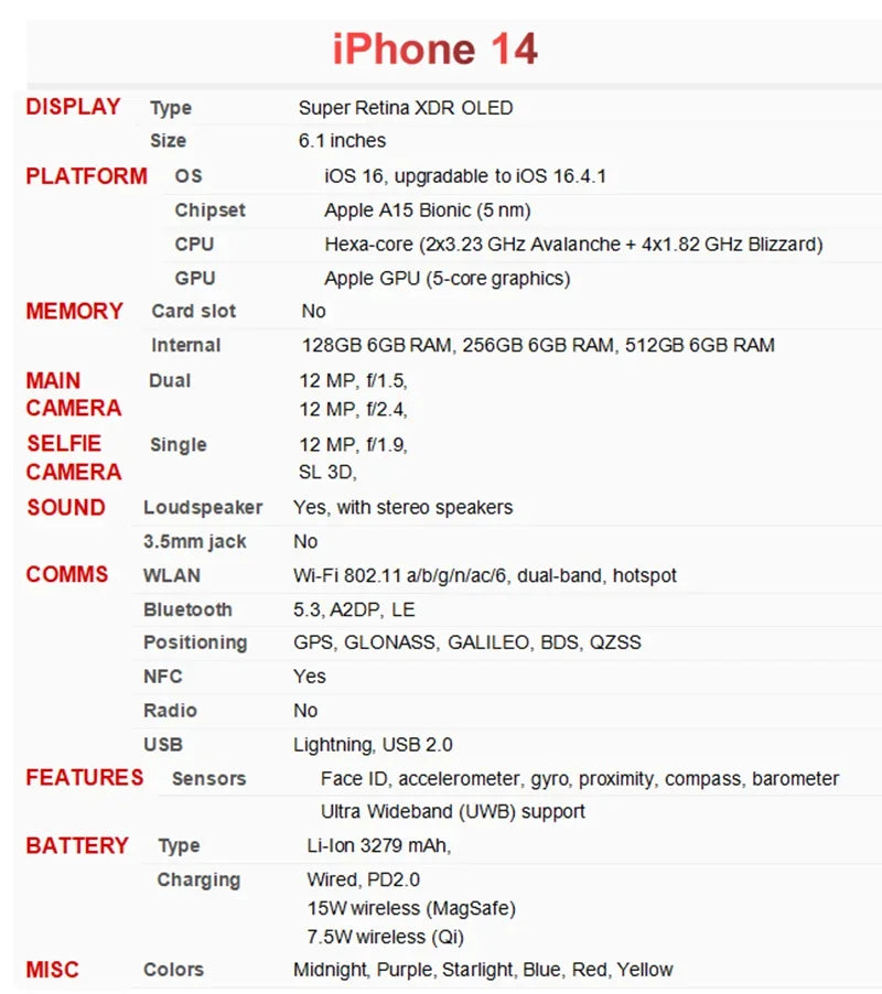 100% Original iPhone 14 Dual eSIM Cellphone 128GB 256GB ROM 6.1" Super Retina OLED Face ID A15 Original 5G Phone US Version