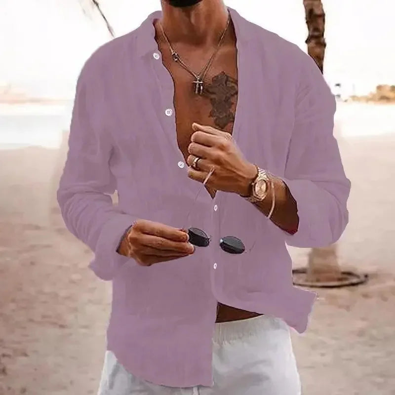 2025 Spring/Autumn New Style Loose Long Sleeve Linen Comfortable Men's Shirt Solid Color Turn-Down Collar Casual British Style