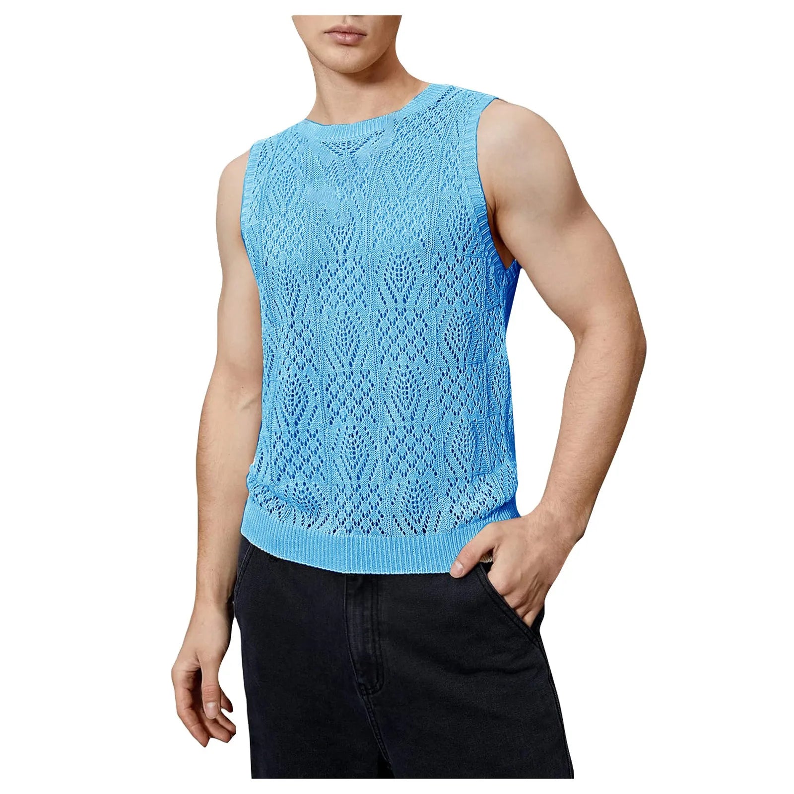 Beach Tops For Men Men'S Knitted Hollowed Out Vest Crew Neck Sleeveless Male Clothes With Designs Camiseta Sin Mangas Hombre