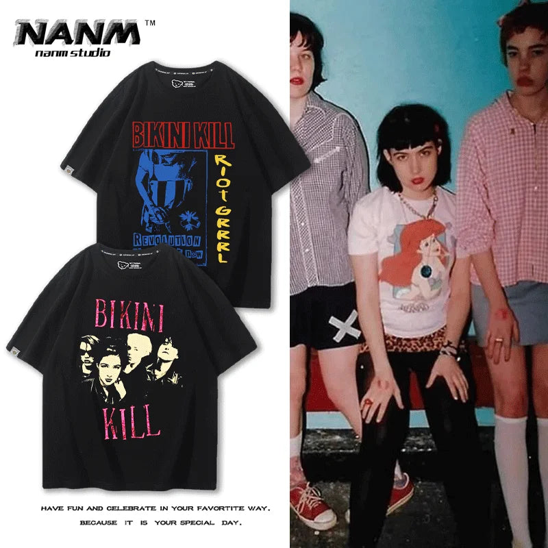 Bikini Kill  American style hip-hop rock sports music street fitness summer loose men's T-shirt top Women's T-shirt couple style