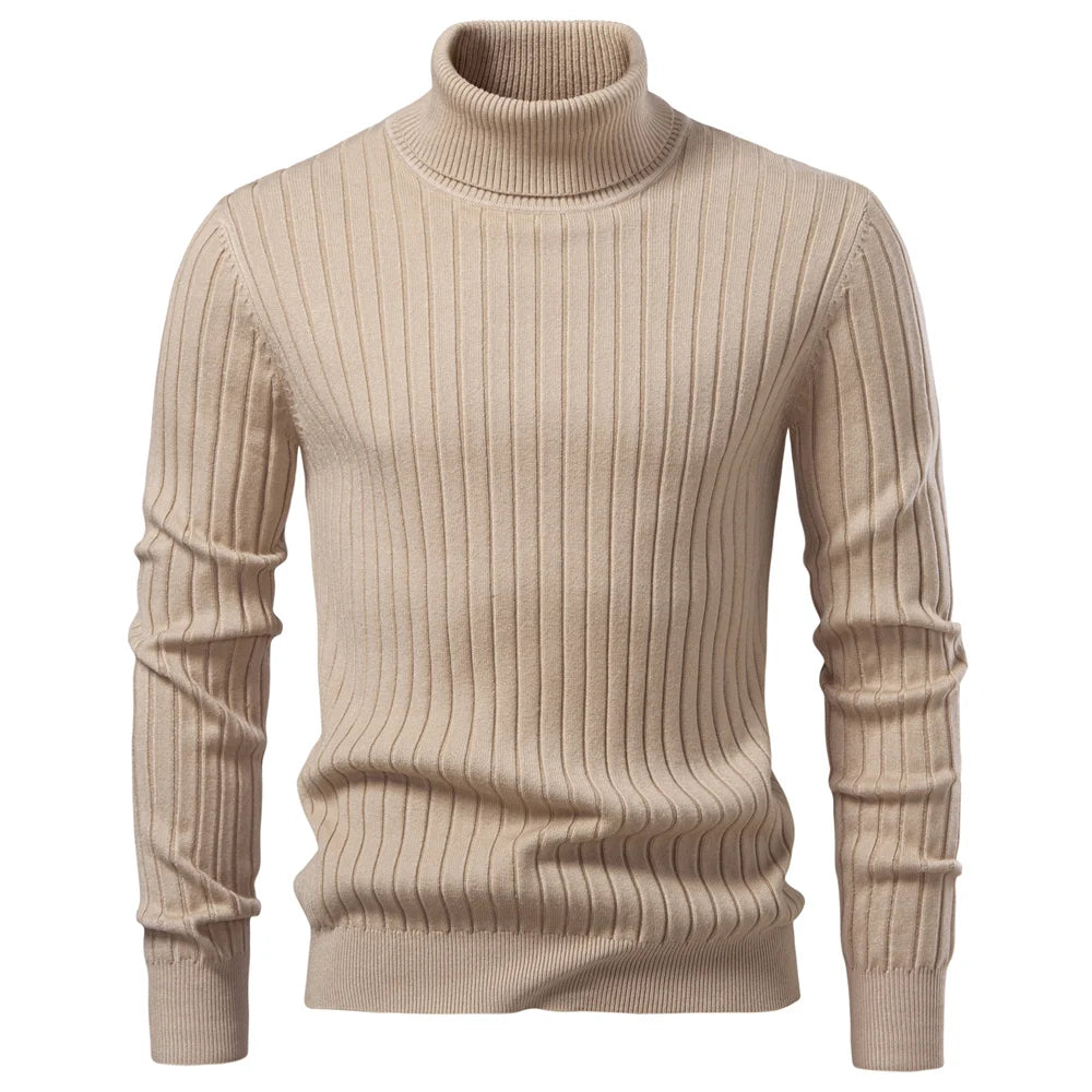 AIOPESON Men's Turtleneck Sweater Solid Color with Striped Pullover Warm Knitwear Winter Basic Casual High Quality Sweater Male
