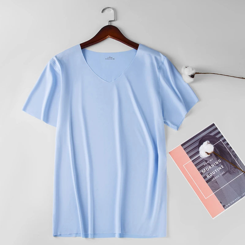 2024 Men's Thin Short Sleeve Ice Silk Without Summer Solid Color T Shirt Trace Slim V-neck Bottoming Seamless Short Sleeve