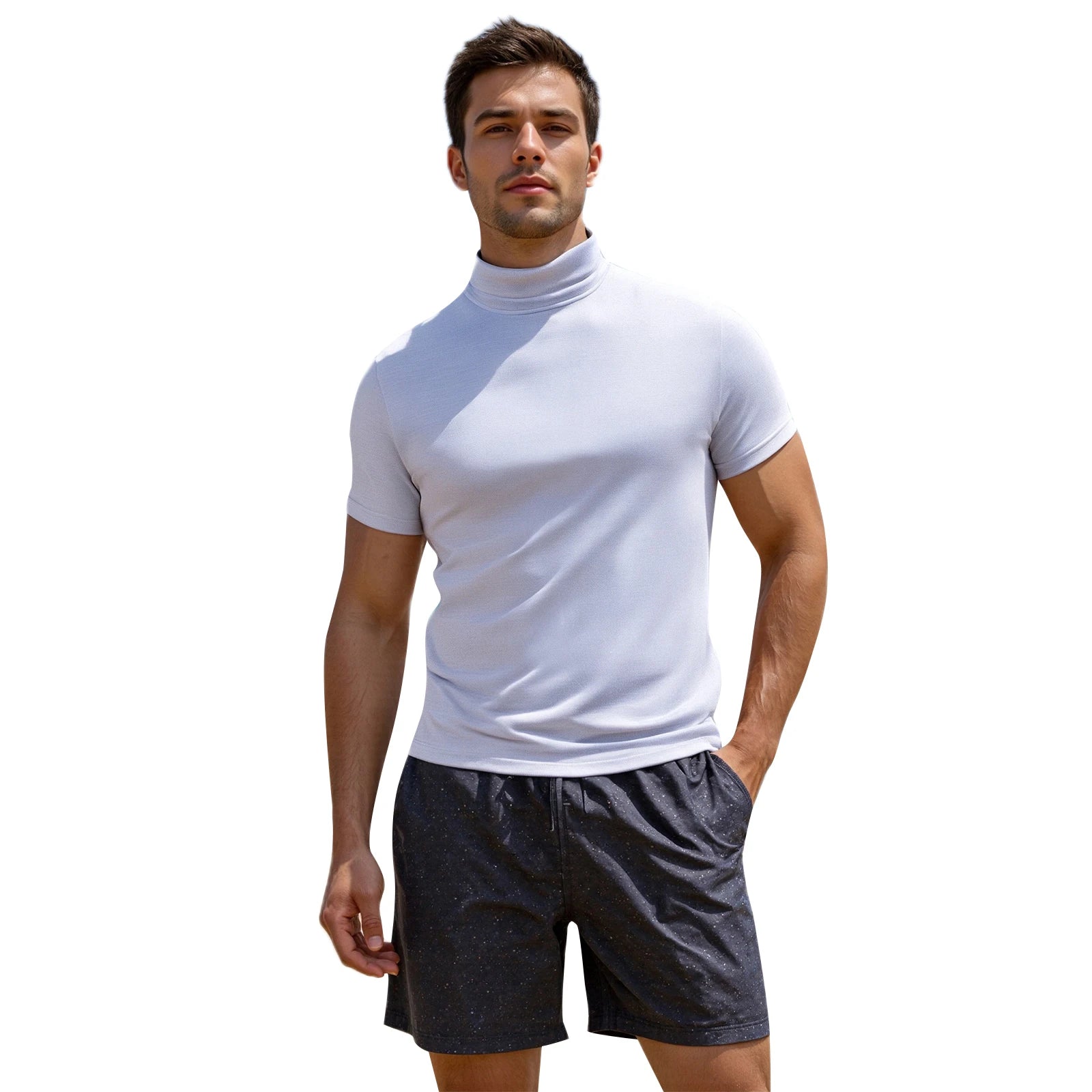 Men s Casual Short Sleeve T-Shirt  Fit Solid Color High Neck Summer Basic Tee Simple Tops for Everyday Wear