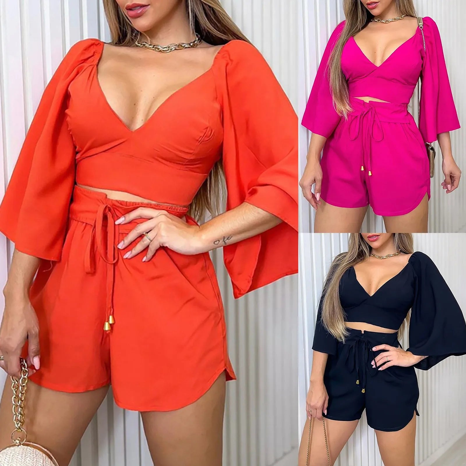 muslin suit for women V Neck Backless Flared Sleeve Shirt High Waist Shorts Fashion Casual Suit conjunto verano mujer