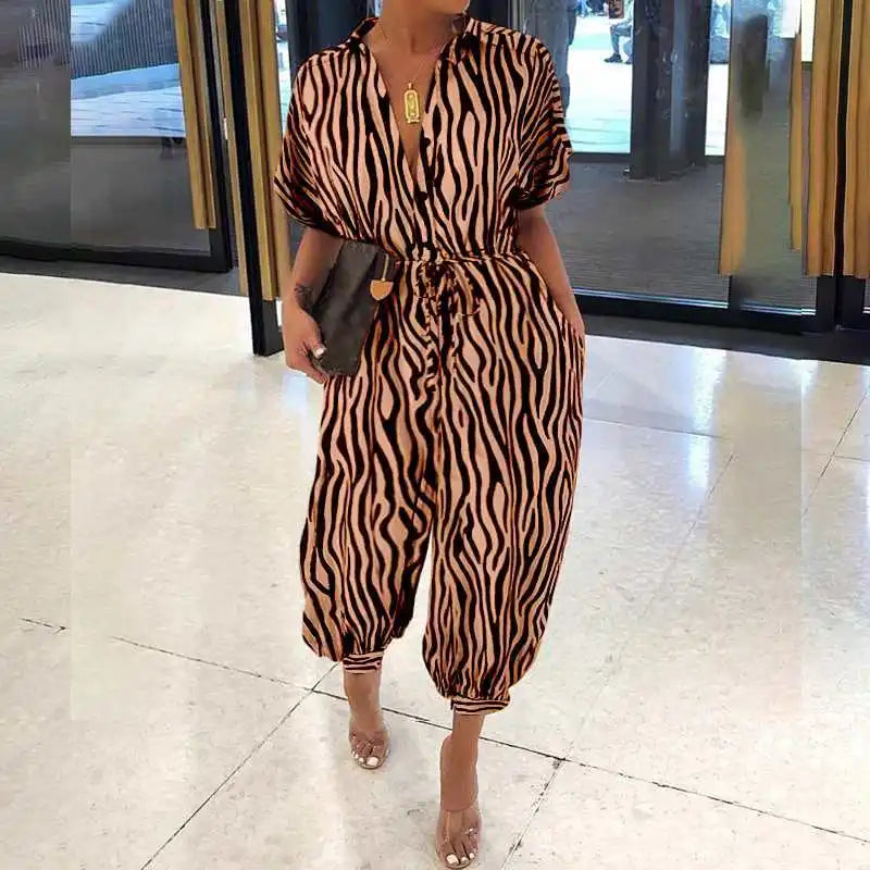2025 Summer New Dot Leopard Print Jumpsuit Women Short Sleeve Leace-up Pocket Casual Jumpsuits Fashion Vintage Ladies Bodysuits