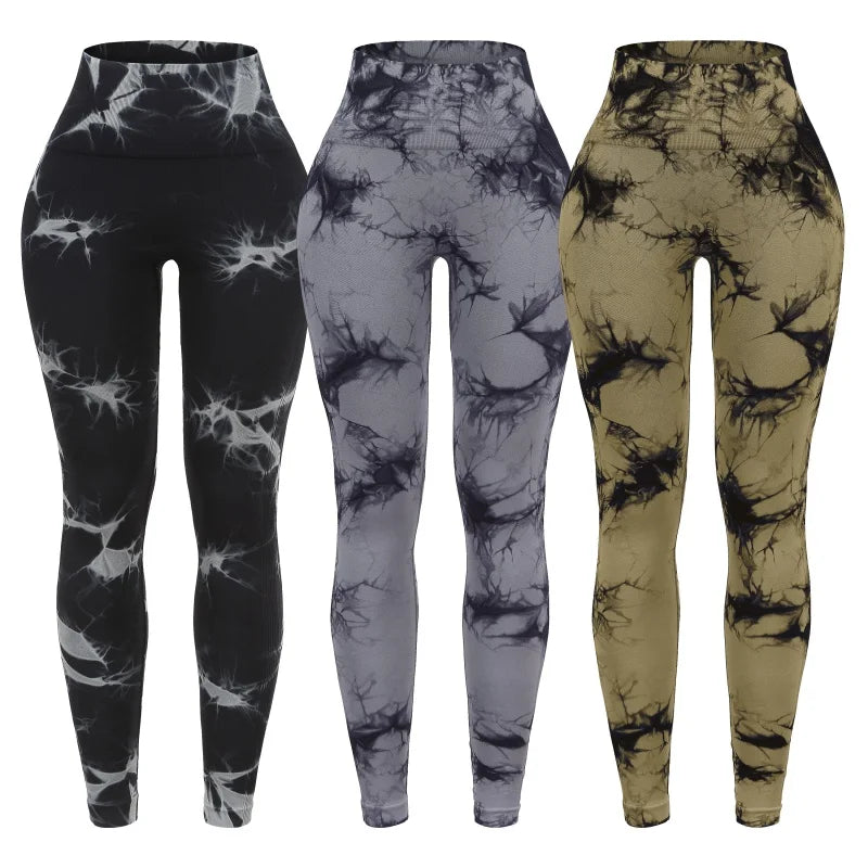 3 Piece Workout Leggings Sets for Women High Waisted Tie Dye Gym Scrunch Butt Lifting Seamless Yoga Leggings Athletic Pants