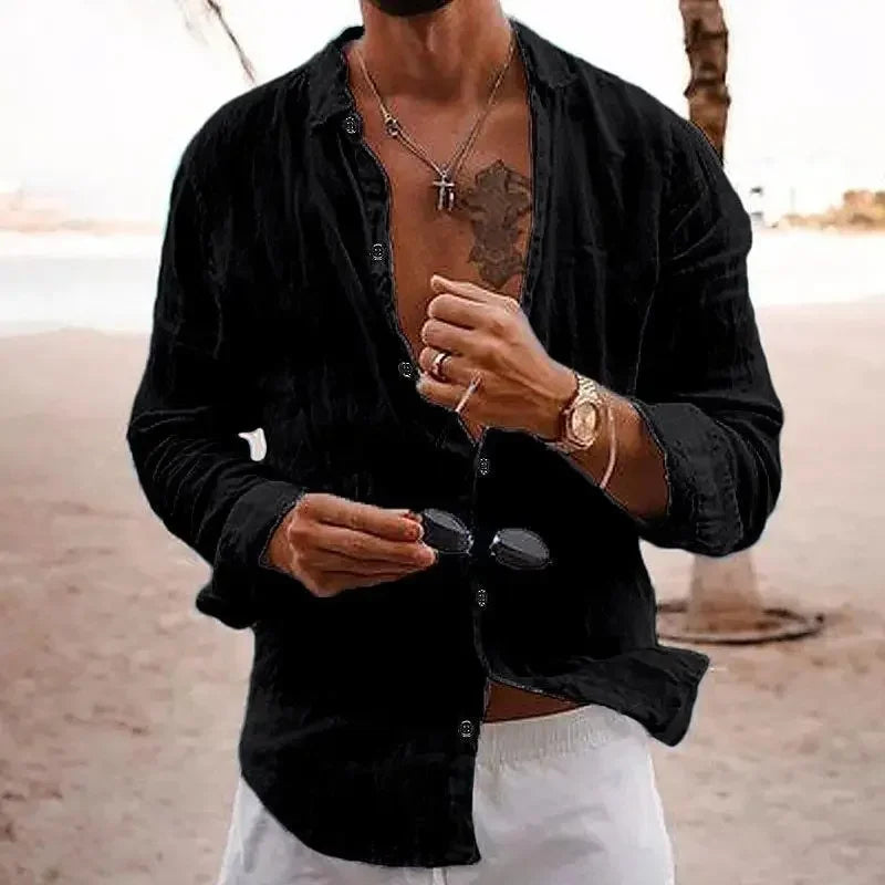 2025 Spring/Autumn New Style Loose Long Sleeve Linen Comfortable Men's Shirt Solid Color Turn-Down Collar Casual British Style