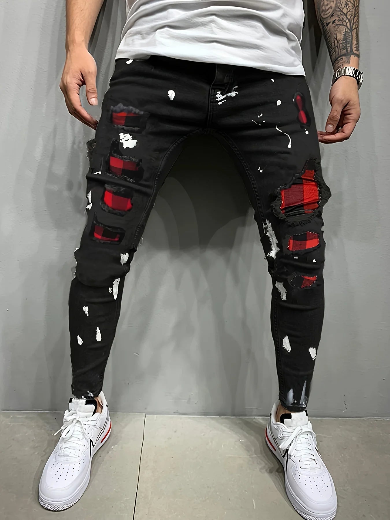 Men's casual street style straight leg pants, slightly stretchy blended cotton jeans, splashed plaid ripped jeans