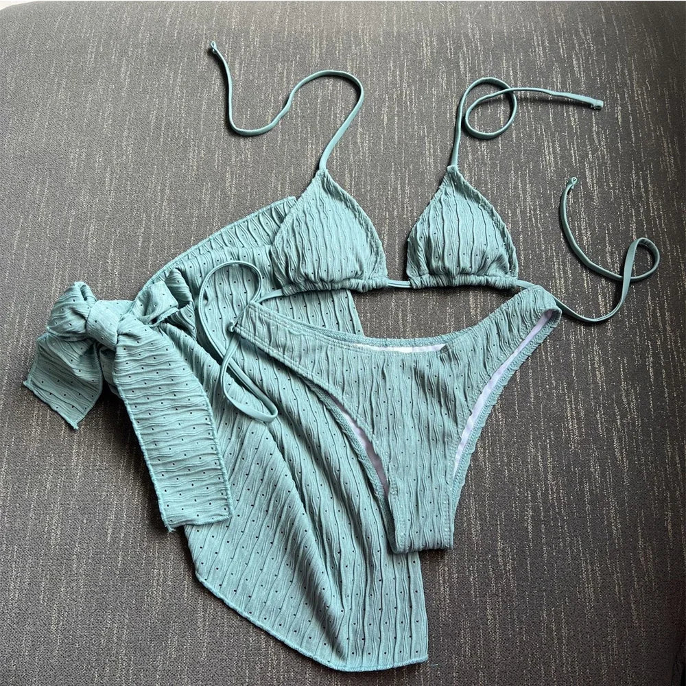 3-piece Beachskirt Swimsuit Women 2024 Solid Color Ventilate Bikini Sexy Triangle Cup Lace-up Backless Low Waist Bathing Suit