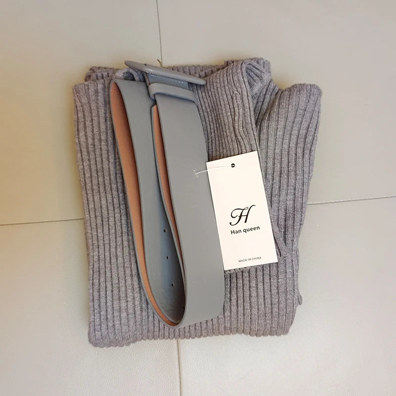 H Han Queen Knitted Turtleneck Sweater Bodycon Dress Bottoming Women Soft Elastic Autumn Winter Midi Party Dresses With Belt