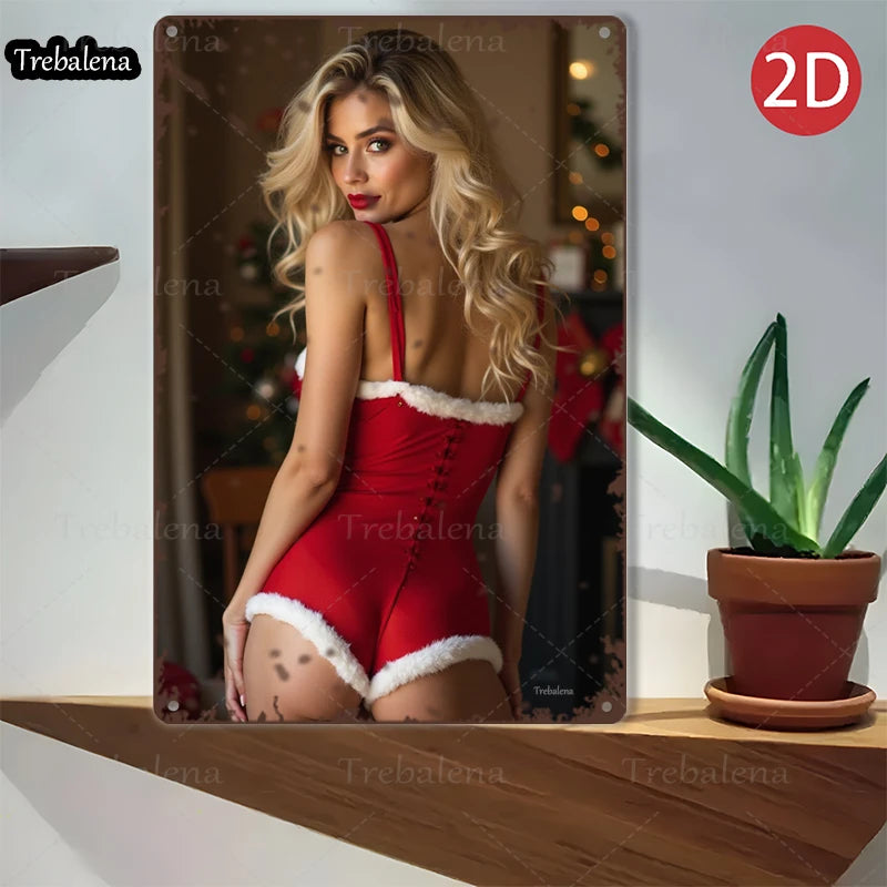 1PC 2D Flat 8*12inch Metal Sign Sexy Santa Style Woman Holiday Scene Artwork